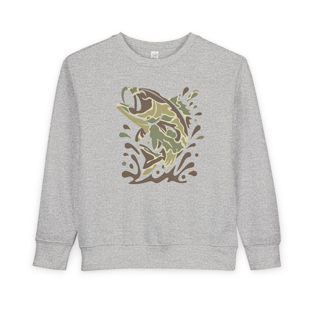 Light-gray toddler crewneck sweatshirt featuring an abstract, camouflage-style fish leaping with water splash graphics, highlighting comfort and durability from Worlds Worst Tees' unique collection.