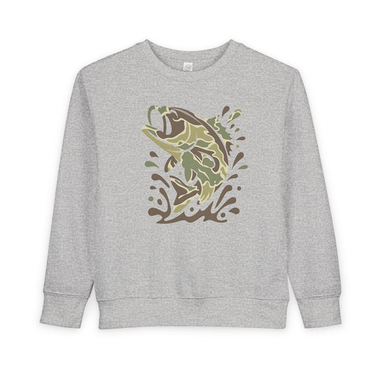 Light-gray toddler crewneck sweatshirt featuring an abstract, camouflage-style fish leaping with water splash graphics, highlighting comfort and durability from Worlds Worst Tees' unique collection.