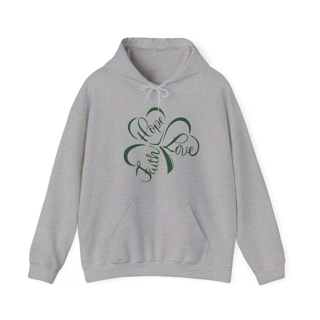 A cozy unisex Faith Hope Love Hoodie in grey with a green clover design. Made of 50% cotton and 50% polyester, featuring a kangaroo pocket and matching drawstring. Perfect for chilly days.
