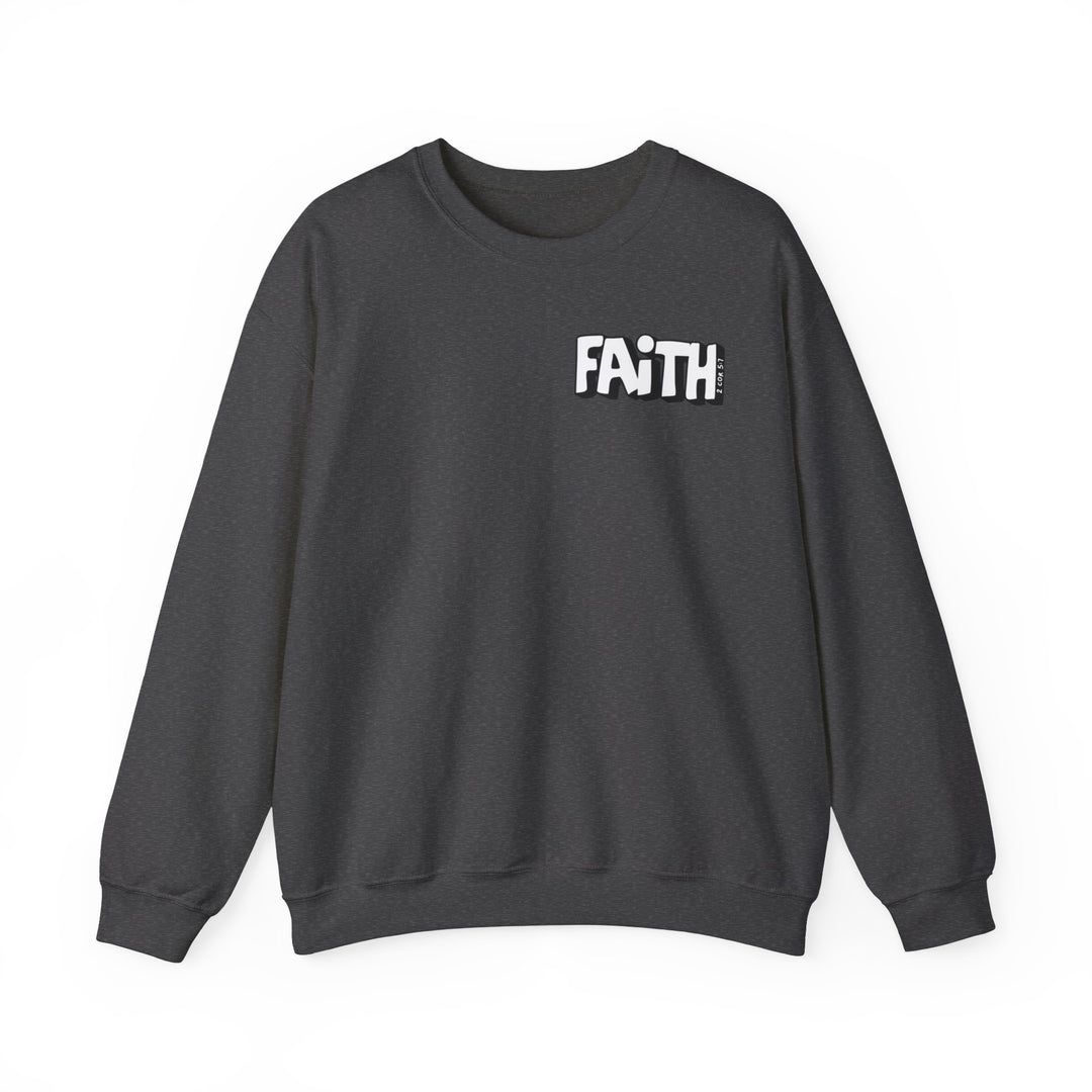 A unisex heavy blend crewneck sweatshirt featuring Walk By Faith Not By Sight text. Made of 50% Cotton 50% Polyester, ribbed knit collar, no itchy side seams, loose fit. Ideal for comfort, medium-heavy fabric.