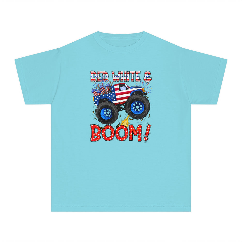 Red White and Boom Kids Tee: Blue shirt featuring a monster truck cartoon. 100% combed ringspun cotton, soft-washed, garment-dyed, classic fit for all-day comfort. Ideal for active kids.