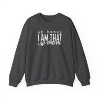 Unisex heavy blend crewneck sweatshirt featuring Oh Honey I'm that Mom title. Grey sweatshirt with white text, ribbed knit collar, no itchy side seams. 50% cotton, 50% polyester, loose fit, medium-heavy fabric.