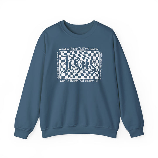 Blue crew-neck sweatshirt featuring a wavy checkerboard graphic with Jesus in script, surrounded by What a friend that we have in. Ideal for colder months.