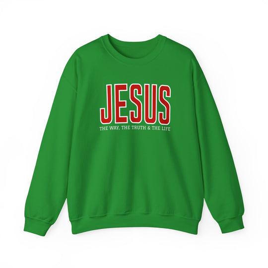 Jesus, the Way, the Truth, the Life Crew: Green sweatshirt with red JESUS and white phrase, showcasing comfort and durability, ideal for colder months.