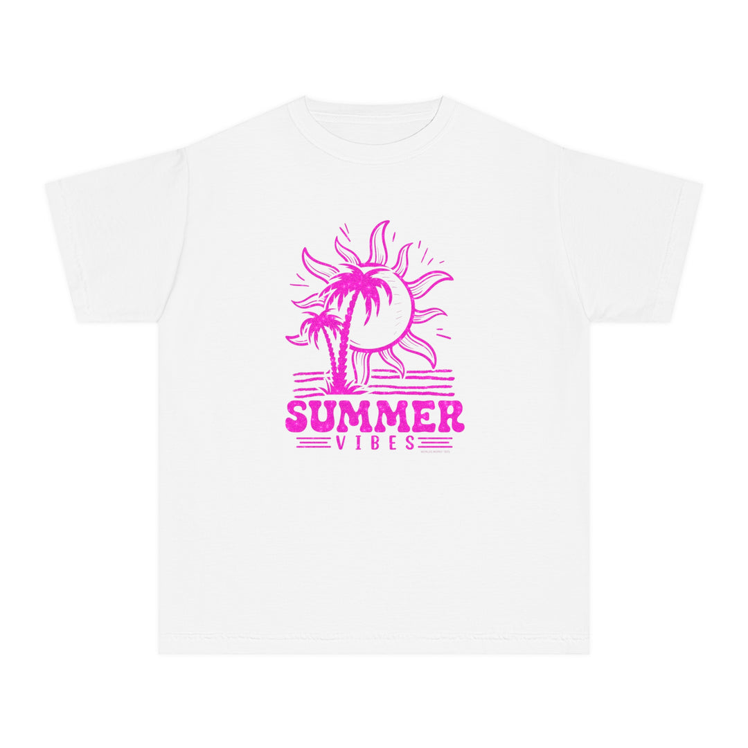 A kid's tee featuring a pink sun and palm trees design, ideal for active days. Made of 100% combed ringspun cotton for comfort and agility. Classic fit for all-day wear.