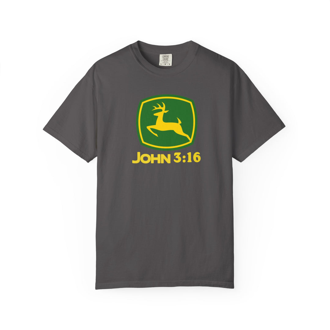 Dark-gray John 3:16 Tee featuring a parody John Deere logo with a yellow deer in a green shield, offering comfort and durability with its relaxed fit.
