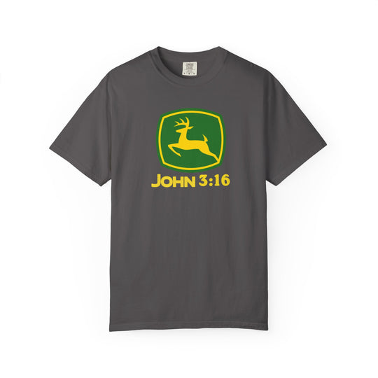 Dark-gray John 3:16 Tee featuring a parody John Deere logo with a yellow deer in a green shield, offering comfort and durability with its relaxed fit.