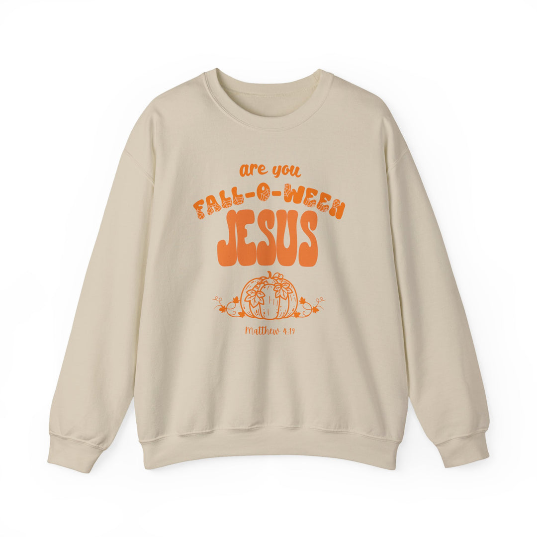 Light-beige crewneck sweatshirt with FALL-O-WEEN JESUS and a pumpkin graphic, referencing Matthew 4:19, in bright orange. Cozy, durable, ideal for fall weather.