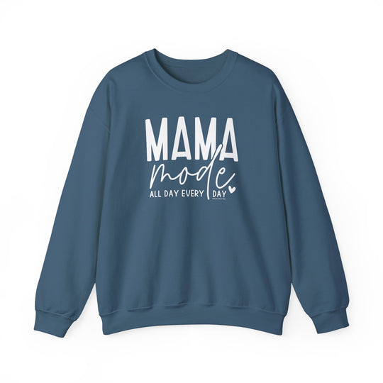 Unisex Mama Mode Crew sweatshirt, blue with white text. Heavy blend fabric, ribbed knit collar, no itchy seams. 50% cotton, 50% polyester, loose fit, true to size. Ideal for comfort in any situation.
