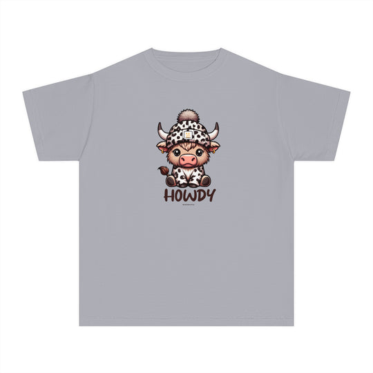 Kid's Howdy Tee: Cartoon cow design on grey tee. 100% cotton for comfort and agility. Classic fit for all-day wear. Perfect for active kids. Worlds Worst Tees.