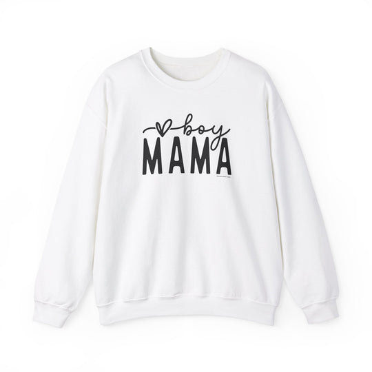 A comfortable unisex Boy Mama Crew sweatshirt in white with black text. Made of 50% cotton, 50% polyester, ribbed knit collar, no itchy side seams. Medium-heavy fabric, loose fit, true to size.