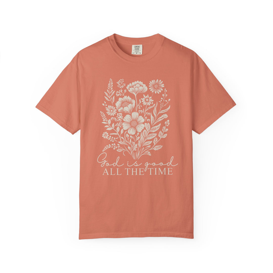 God is Good All the Time Tee, featuring a relaxed fit, crew neckline, and durable double-needle stitching for comfort and longevity, ideal for casual wear.