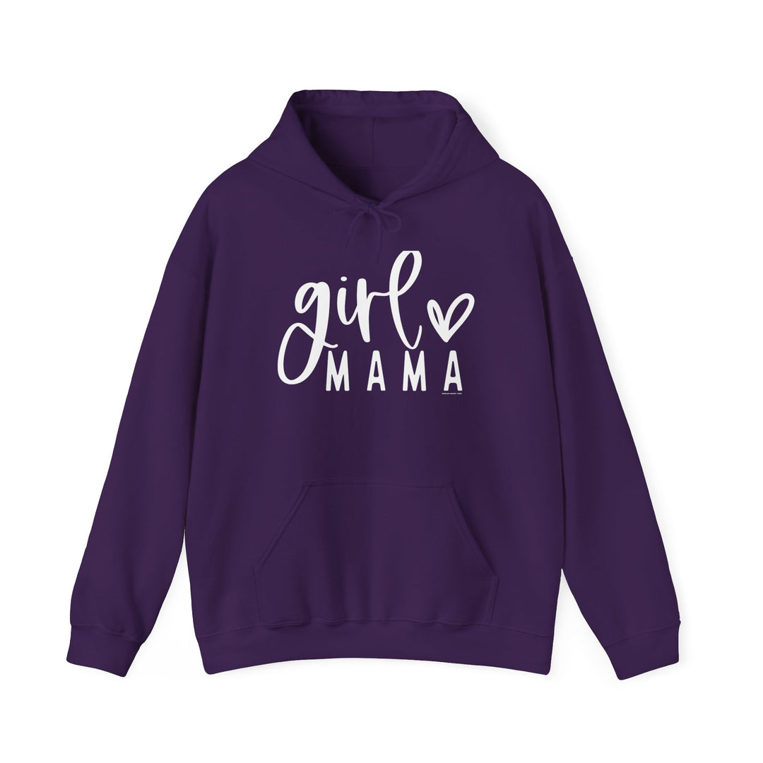Unisex Girl Mama Hoodie: A cozy purple sweatshirt with white text, featuring a kangaroo pocket and matching drawstring hood. Made of 50% cotton and 50% polyester for warmth and comfort. Classic fit, medium-heavy fabric.