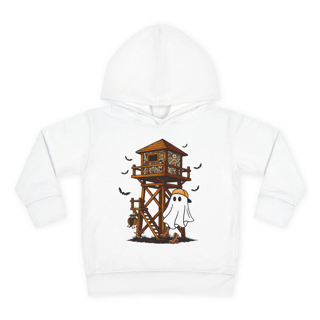Ghost Hunter Toddler Hoodie with playful Halloween-themed design: wooden hunting-blind tower, bats, ghost with 'Candy Hunter' cap, pumpkin lantern, and boots. Cozy, durable, toddler-friendly.
