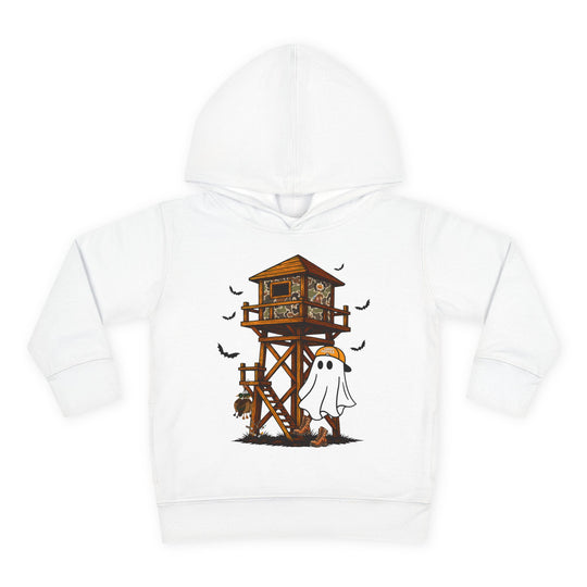 Ghost Hunter Toddler Hoodie with playful Halloween-themed design: wooden hunting-blind tower, bats, ghost with 'Candy Hunter' cap, pumpkin lantern, and boots. Cozy, durable, toddler-friendly.