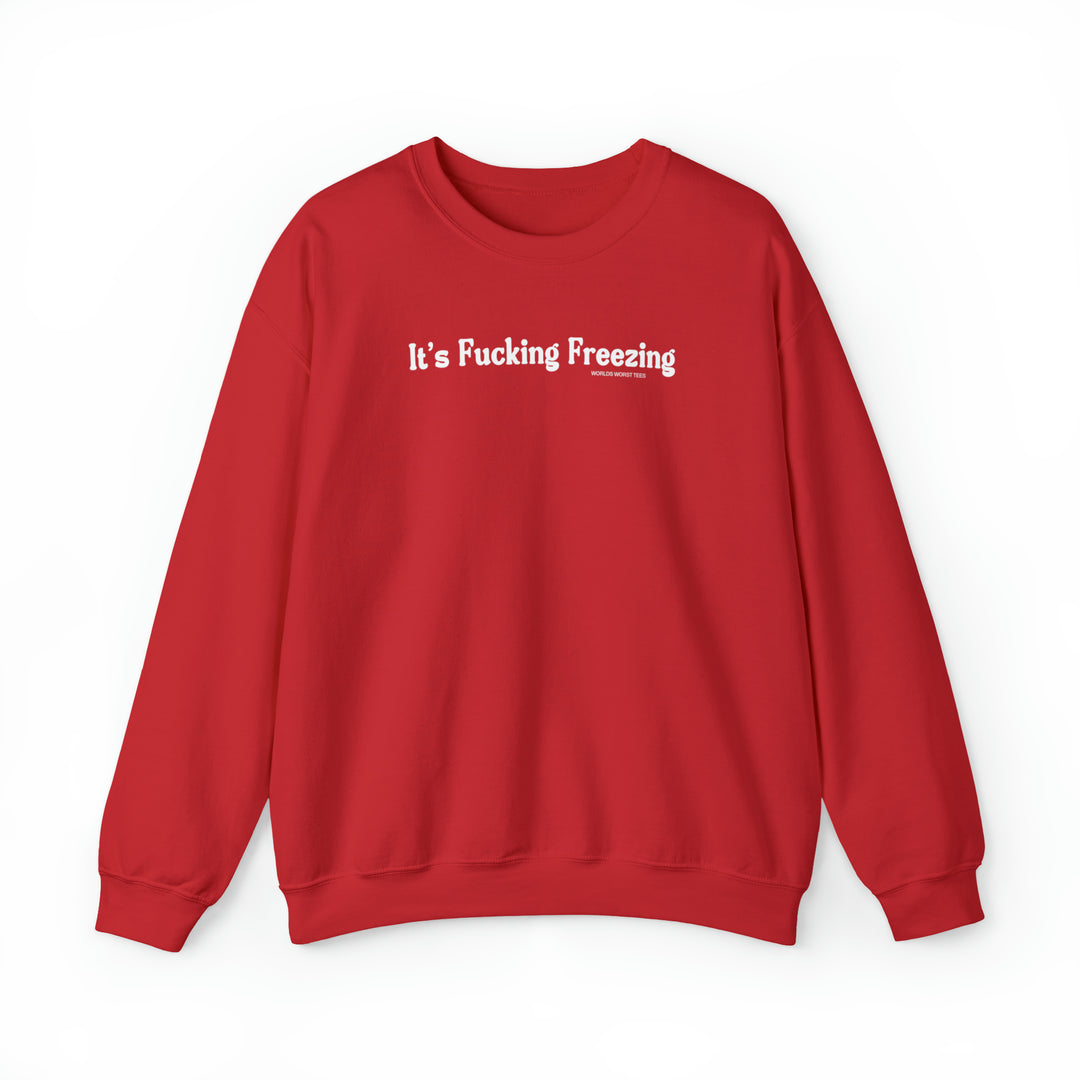 Unisex heavy blend crewneck sweatshirt, the It's Fucking Freezing Crew, medium-heavy fabric, ribbed knit collar, no itchy side seams, loose fit. Sewn-in label. Sizes S-5XL.