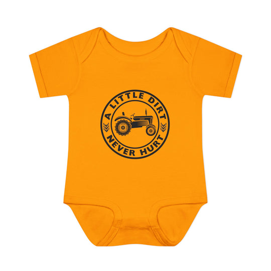 Bright orange A Little Dirt Never Hurt baby onesie featuring a farm tractor graphic, designed for comfort with lap shoulders and soft ring-spun cotton.