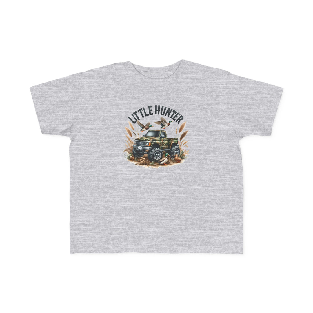 Little Hunter Toddler Tee: A grey t-shirt featuring a truck design, ideal for sensitive toddler skin. 100% combed ringspun cotton, light fabric, tear-away label, classic fit, true to size.