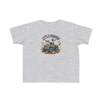 Little Hunter Toddler Tee: A grey t-shirt featuring a truck design, ideal for sensitive toddler skin. 100% combed ringspun cotton, light fabric, tear-away label, classic fit, true to size.
