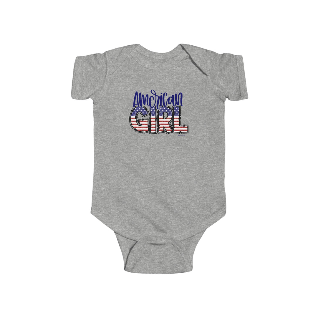 American Flag Baby Bodysuit with Patriotic Design, featuring red, white, and blue text and flag imagery. Soft, durable 100% cotton fabric with ribbed knitting for durability. Plastic snaps for easy changes. From Worlds Worst Tees.