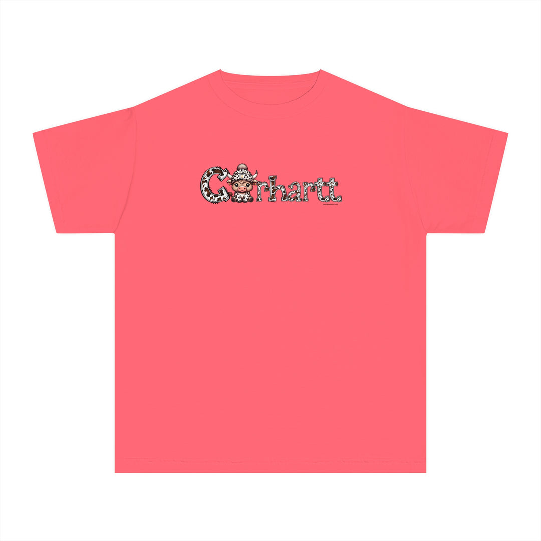 Cowhartt Cow Kids Tee: A pink t-shirt featuring a cartoon cow with a hat and a sign. Made of 100% combed ringspun cotton for comfort and agility, perfect for active kids. Classic fit, soft-washed, and garment-dyed.