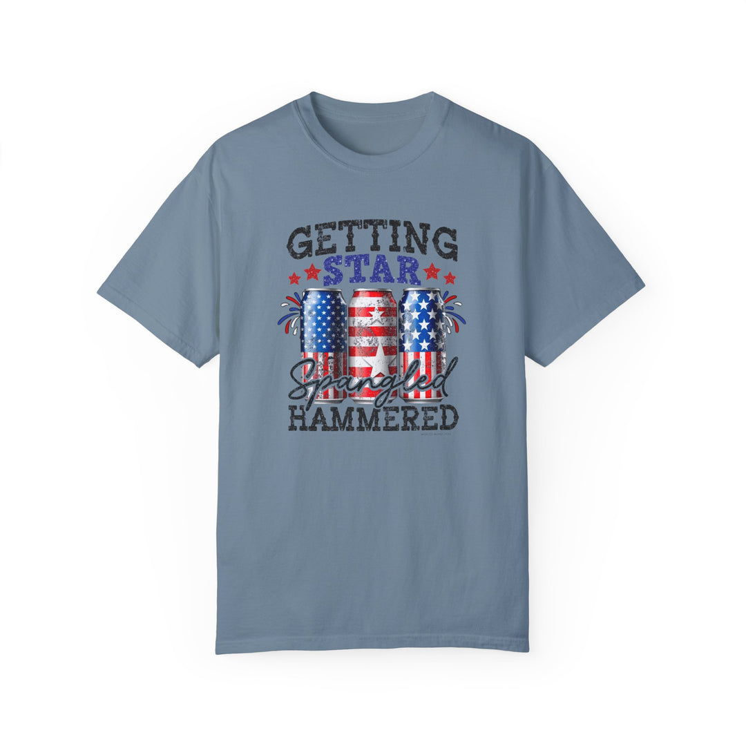 A relaxed fit Star Spangled Hammered Tee, 100% ring-spun cotton, garment-dyed, with double-needle stitching for durability and tubular shape retention. Medium weight, soft-washed fabric for daily coziness.