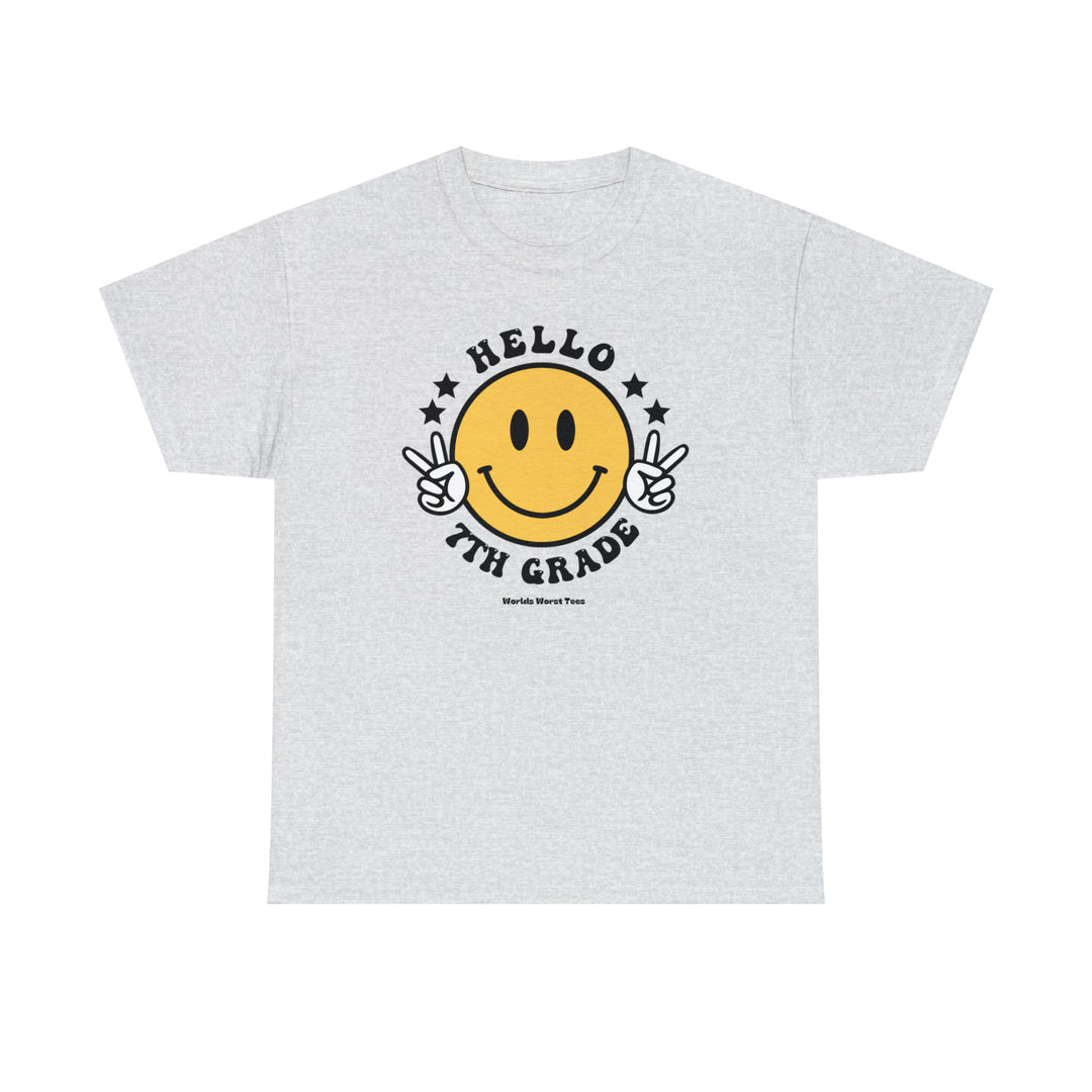 A premium fitted men’s short sleeve tee, Hello 7th Grade Tee, featuring a white t-shirt with a yellow smiley face and two fingers up. Comfy, light, ribbed knit collar, and roomy fit.