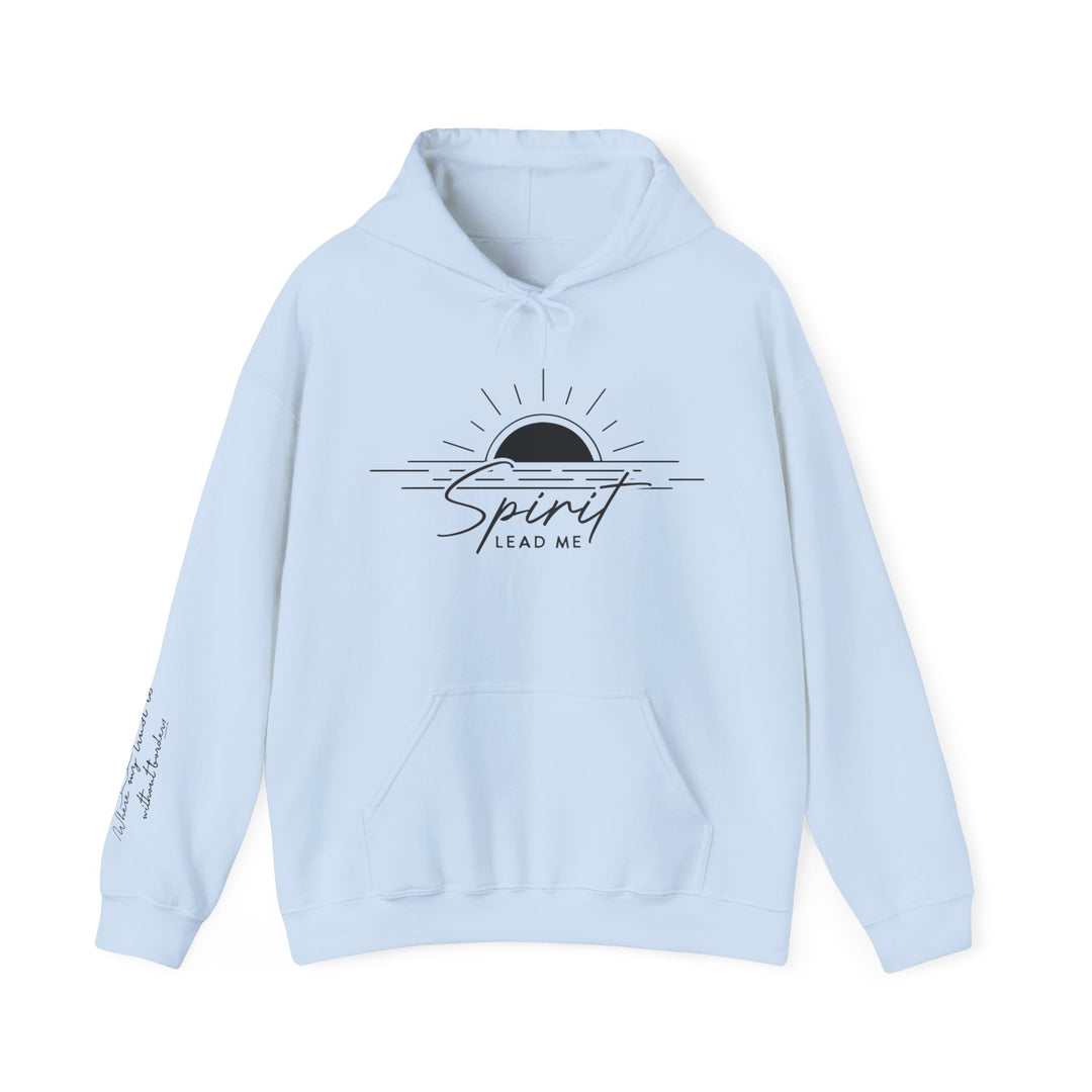 A light blue Spirit Lead Me Hoodie with a logo on the front, featuring a kangaroo pocket and matching drawstring. Unisex, made of 50% cotton and 50% polyester for a cozy, stylish look.