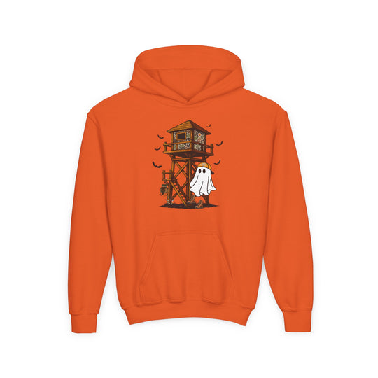 Ghost Hunter Youth Hoodie features a Halloween graphic of a ghost, bats, hunting tower, skulls, and pumpkins on an orange hooded sweatshirt with a kangaroo pocket.