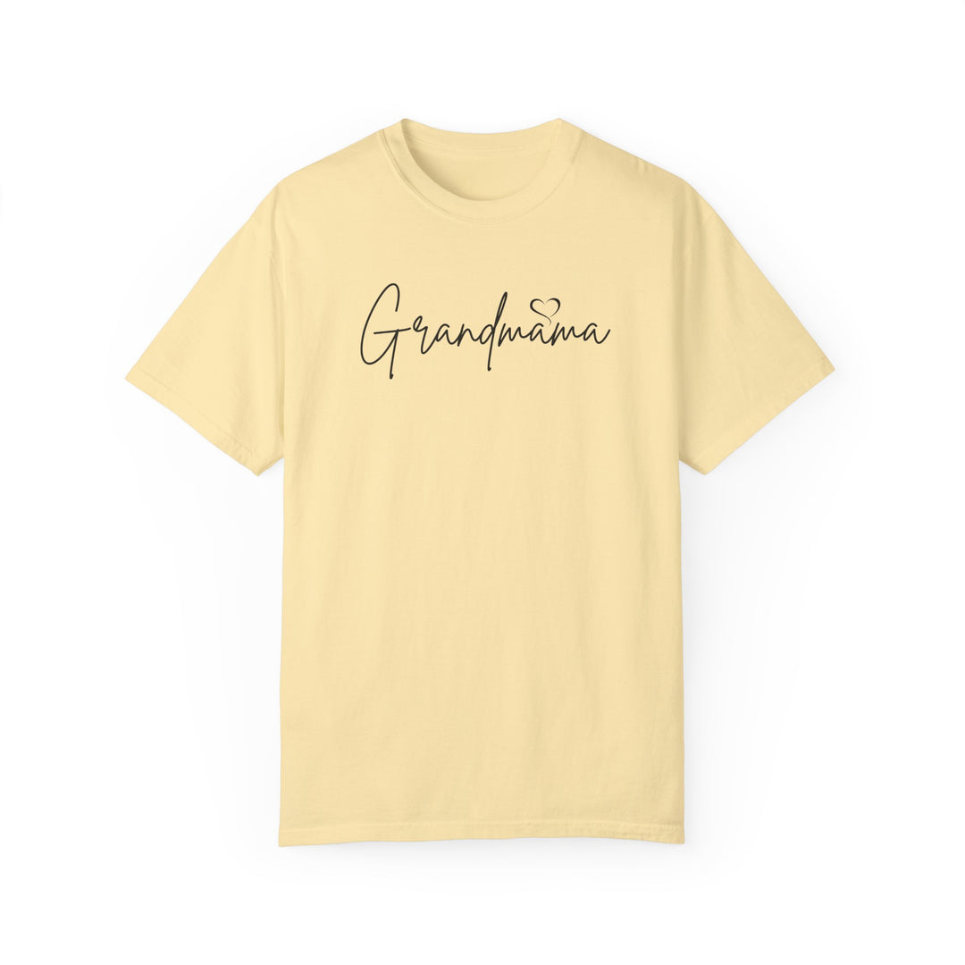 A Grandmama Tee, a yellow t-shirt with black text, made of 100% ring-spun cotton. Medium weight, relaxed fit, double-needle stitching for durability, and seamless design for a tubular shape.