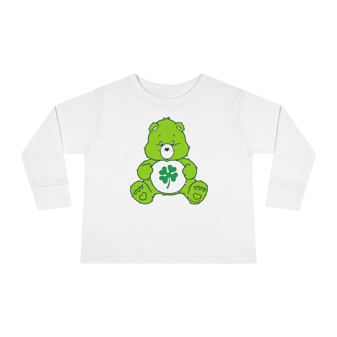 Lucky Bear Toddler Long Sleeve Tee featuring a white shirt with a green bear and clover cartoon. Made of 100% combed ringspun cotton, with ribbed collar and EasyTear™ label for comfort and durability.