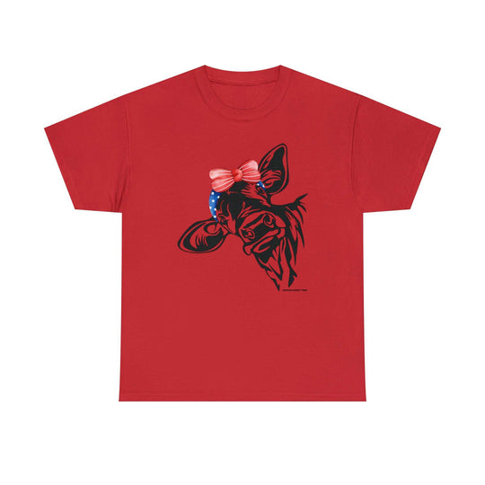Unisex red shirt featuring a cow drawing, perfect for casual wear. No side seams for comfort, durable tape on shoulders. 100% cotton, classic fit, true to size. From 'Worlds Worst Tees'.