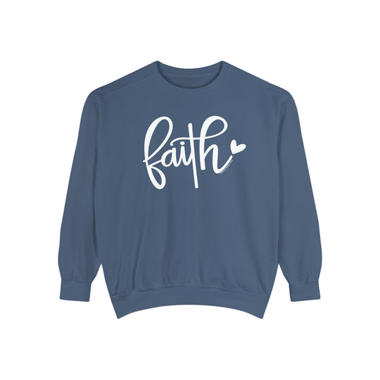 Unisex Faith Crew sweatshirt, garment-dyed with 80% ring-spun cotton and 20% polyester. Features relaxed fit, rolled-forward shoulder, and back neck patch. Medium-heavy fabric. Sizes: S-3XL.