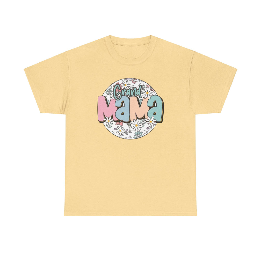 Unisex heavy cotton tee with no side seams, ribbed knit collar, and durable tape on shoulders. Classic fit Sassy Grand Mama Flower Tee. Graphic design of flowers on yellow shirt. Sizes S-5XL.