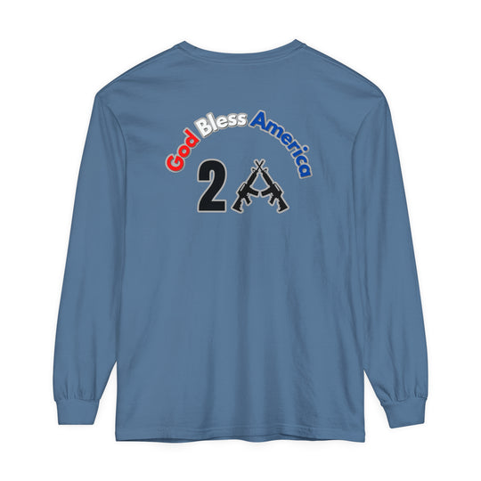 Long-sleeve tee with God Bless America 2A logo. Blue shirt with graphic design, featuring a sticker of two guns. Made of 100% ring-spun cotton for softness and style. Classic fit for total comfort.