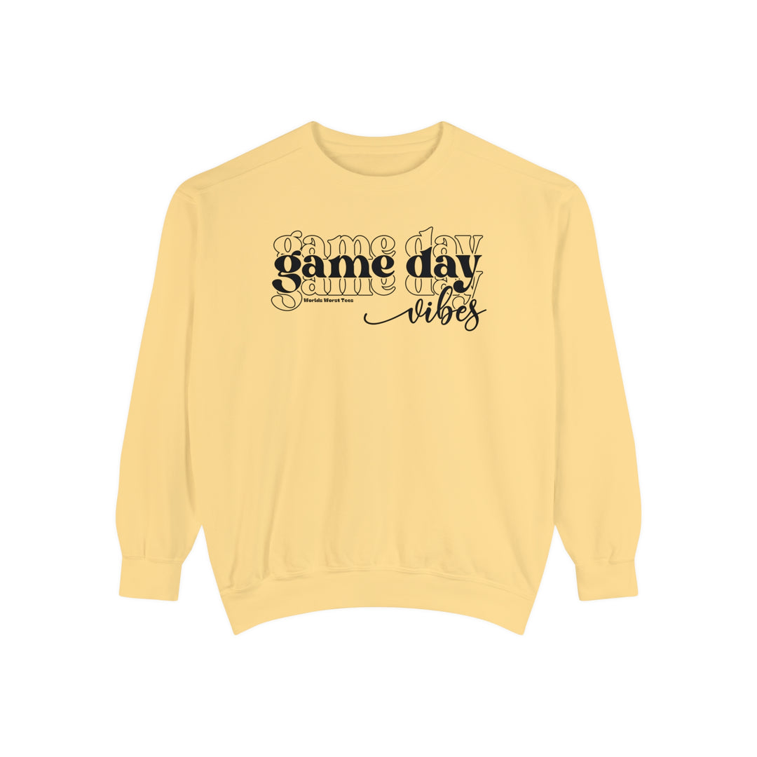 Unisex Game Day Vibes Crew sweatshirt in yellow with black text. Made of 80% ring-spun cotton and 20% polyester, featuring a relaxed fit and rolled-forward shoulder for ultimate comfort and style.