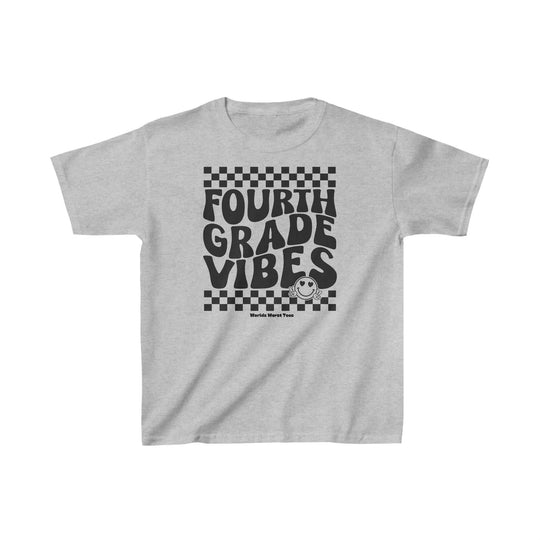 A kids' grey t-shirt with 4th Grade Vibes text, ideal for daily wear. Made of 100% cotton, featuring twill tape shoulders and tear-away label. From Worlds Worst Tees.