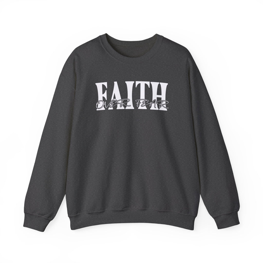A grey sweatshirt with Faith Over Fear text, ideal for all occasions. Unisex heavy blend crewneck, 50% Cotton 50% Polyester, ribbed knit collar, no itchy side seams. Medium-heavy fabric, loose fit, true to size.