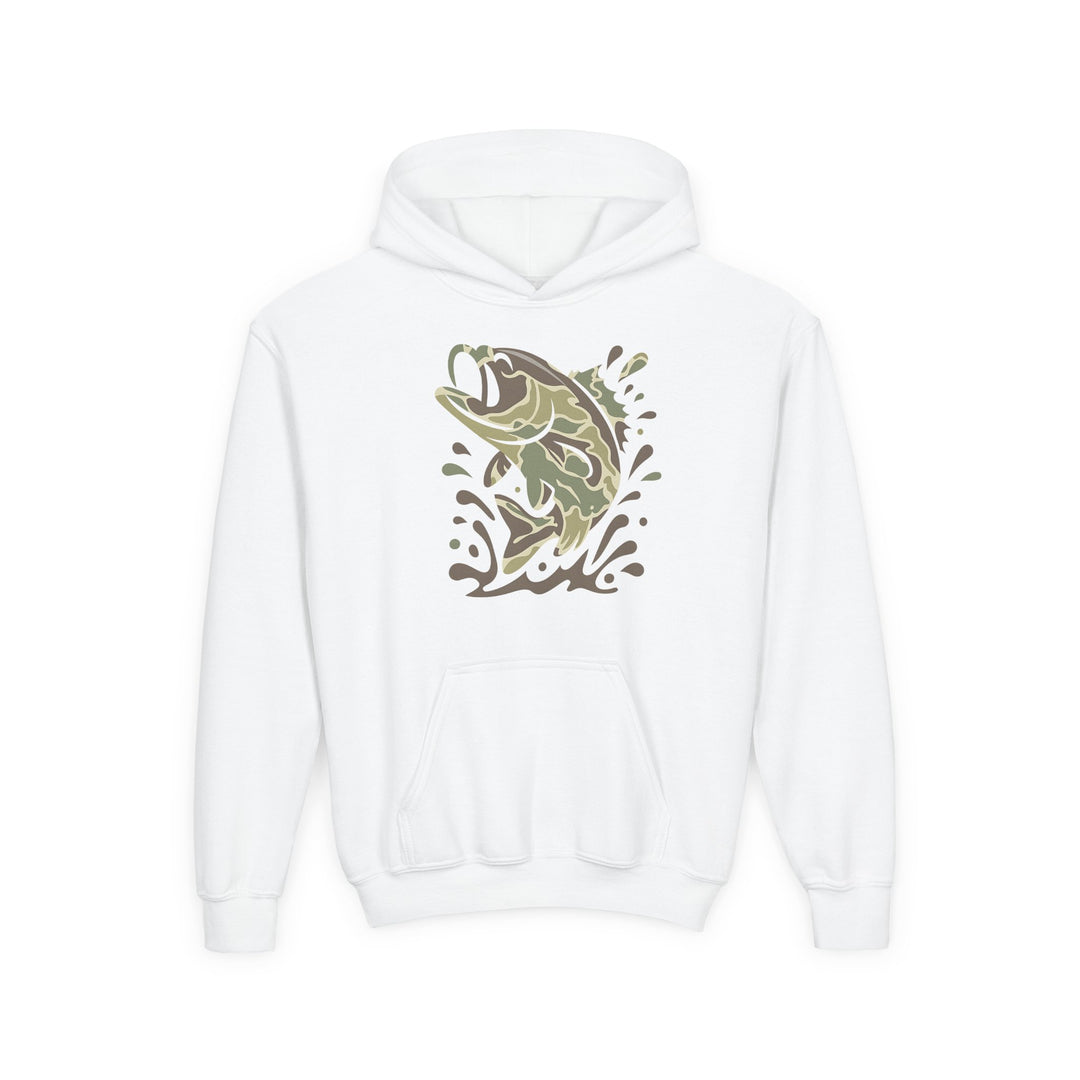 Camo Fish Youth Hoodie features a leaping fish graphic in muted greens and browns on a white pullover, with a front kangaroo pocket.