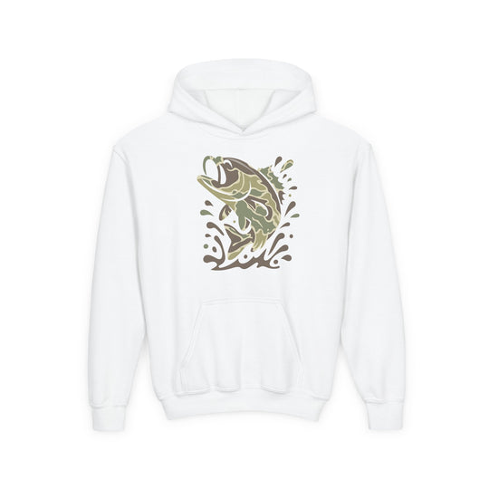 Camo Fish Youth Hoodie features a leaping fish graphic in muted greens and browns on a white pullover, with a front kangaroo pocket.