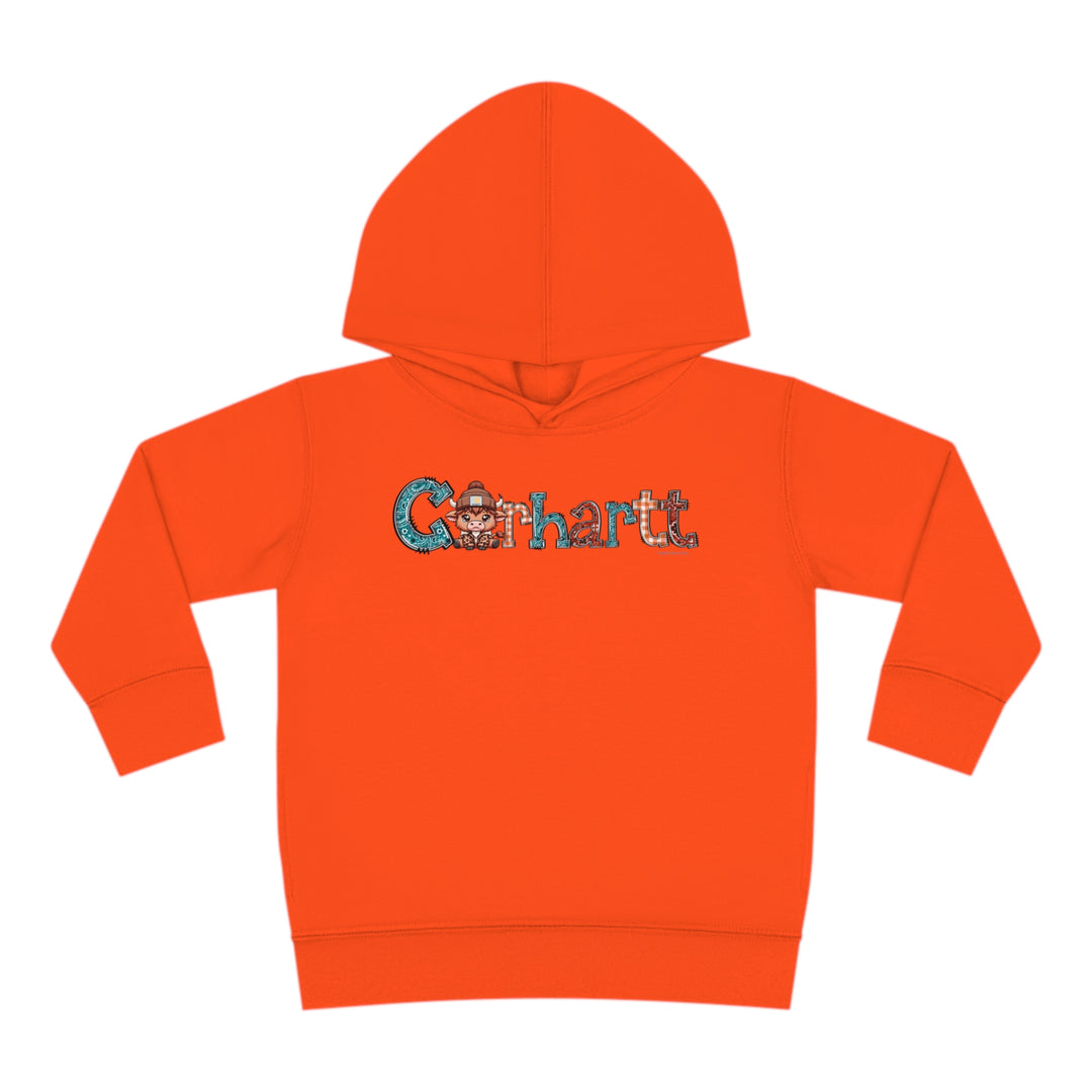 Toddler hoodie featuring a cartoon cow design, jersey-lined hood, cover-stitched details, and side seam pockets. Made of 60% cotton, 40% polyester for cozy durability. From Worlds Worst Tees.