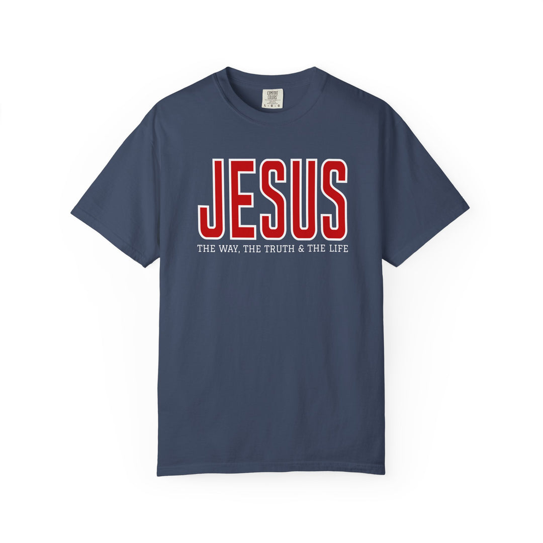 Navy-blue Jesus the Way, the Truth, the Life tee with red and white text, featuring Comfort Colors tag, offers a soft, durable fit.