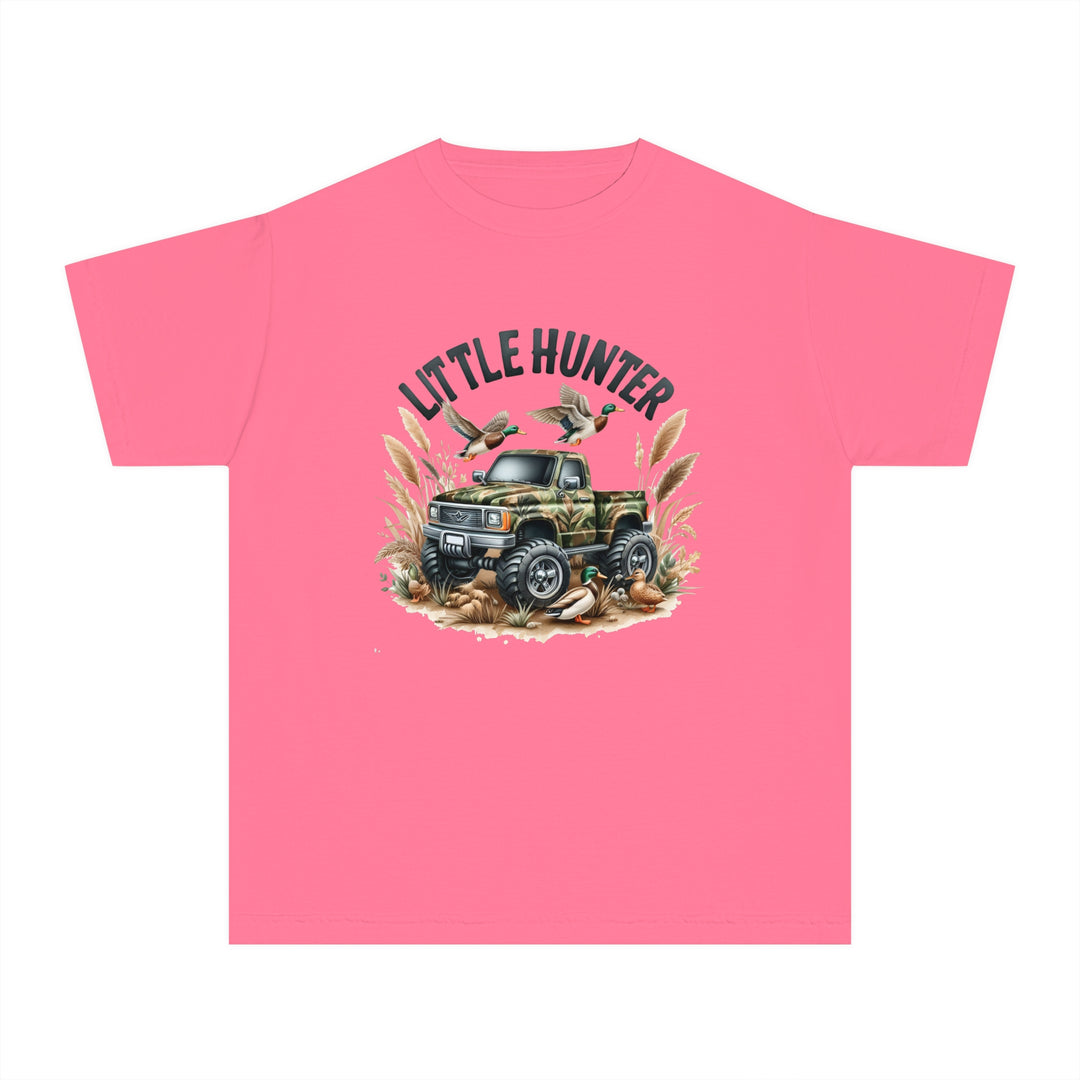 Little Hunter Kids Tee: Pink shirt with truck and ducks design. 100% combed ringspun cotton, soft-washed, garment-dyed. Perfect for active kids. Classic fit, light fabric, sew-in twill label.
