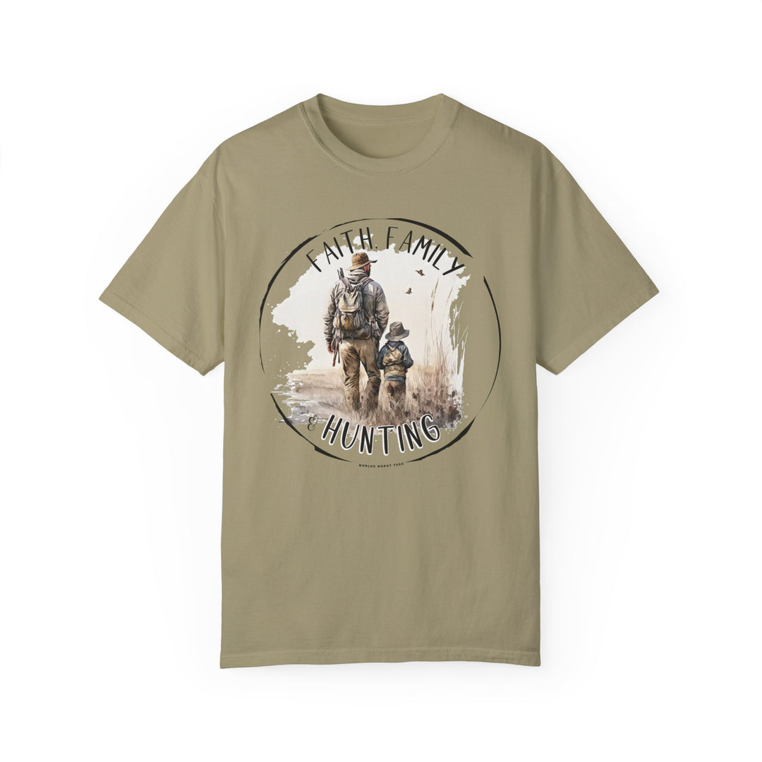 A Faith Family Hunting Tee, featuring a man and child on a garment-dyed t-shirt. Made of 100% ring-spun cotton, with a relaxed fit and durable double-needle stitching for everyday comfort and longevity.
