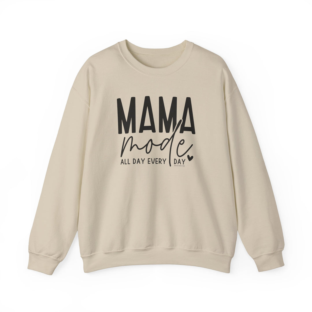 A unisex Mama Mode Crew heavy blend sweatshirt with ribbed knit collar for comfort. 50% cotton, 50% polyester, loose fit, medium-heavy fabric. Sizes: S-5XL. Ideal for all occasions.