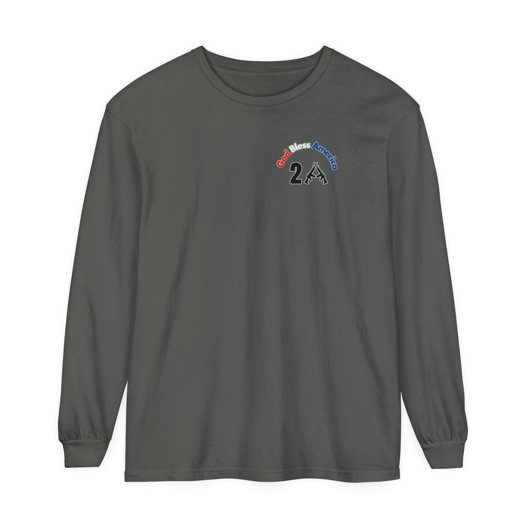 A relaxed fit God Bless America 2A long sleeve tee in grey with a logo featuring text and guns. Made of 100% ring-spun cotton, garment-dyed fabric for softness and style. Classic fit, ideal for casual comfort.