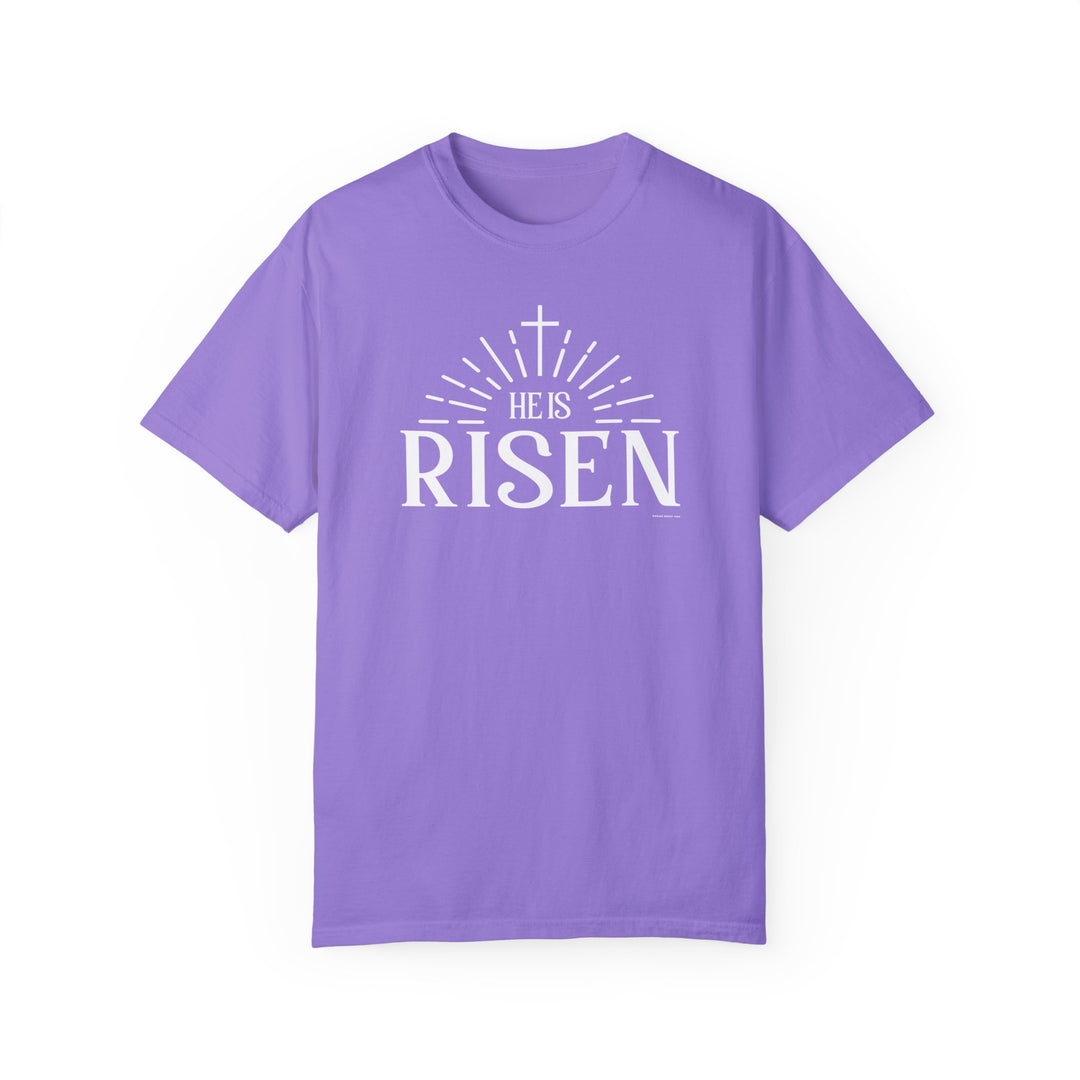 Relaxed fit He is Risen Tee, 100% ring-spun cotton, garment-dyed for coziness. Double-needle stitching, no side-seams for durability and shape retention. Ideal for daily wear.