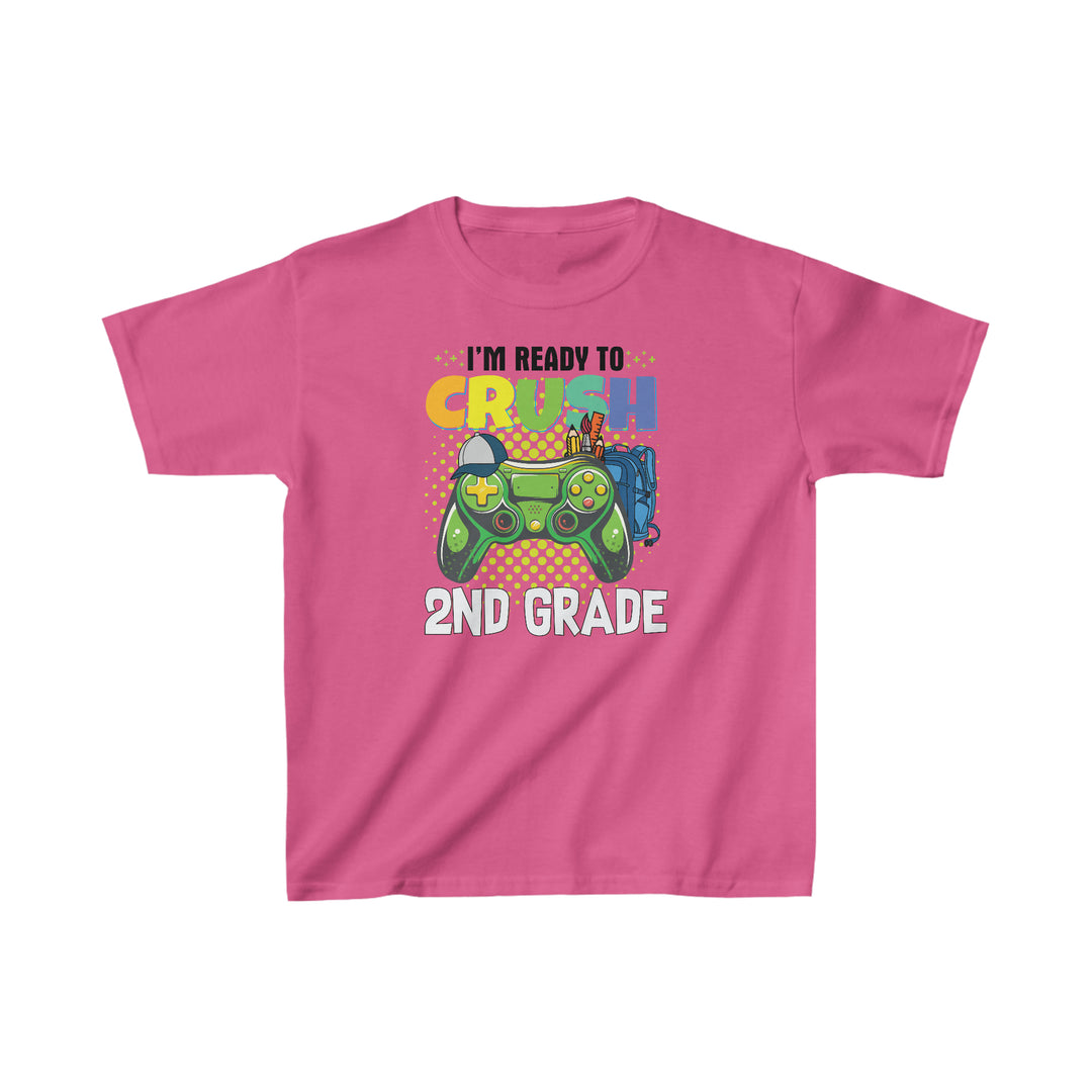 Kids tee featuring a pink shirt with a video game controller design. Made of 100% cotton, ideal for printing, with twill tape shoulders for durability and a curl-resistant collar. I'm Ready to Crush 2nd Grade Kids Tee by Worlds Worst Tees.