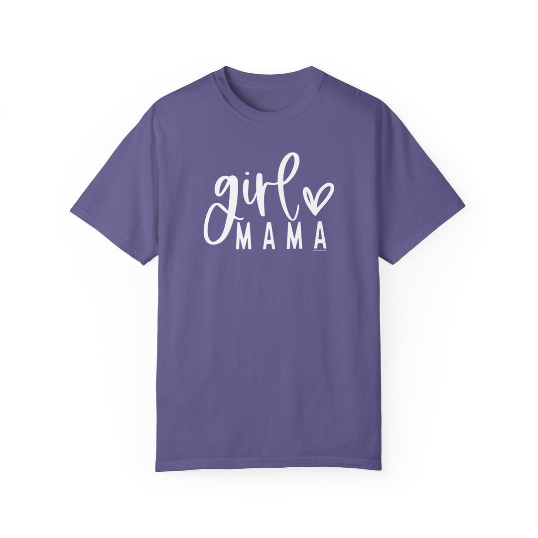 Relaxed fit Girl Mama Tee, a garment-dyed shirt in purple with white text. 100% ring-spun cotton, soft-washed for coziness. Durable double-needle stitching, no side-seams for a tubular shape.