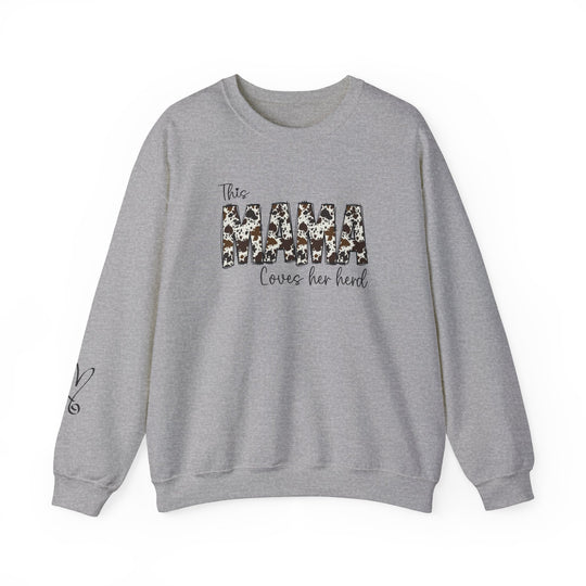 A Mama Herd Crew unisex sweatshirt in grey with a black and white design. Made of 50% cotton and 50% polyester, featuring ribbed knit collar and a loose fit. Ideal comfort for any occasion.